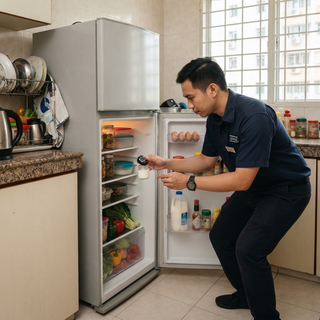 Technician repairing an appliance in a Singapore home